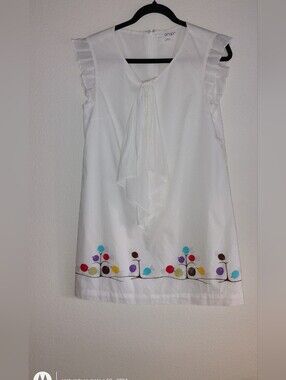 White Mini Dress with Colorful Dot Border and Tie Neck